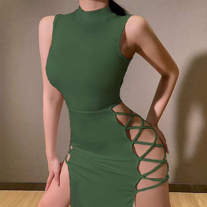 Women Summer Sexy High Split Bandage Dresses Goth Slim Sleeeveless Halter Long Dress Y2K Style spicy girl Party Club Midi skirt