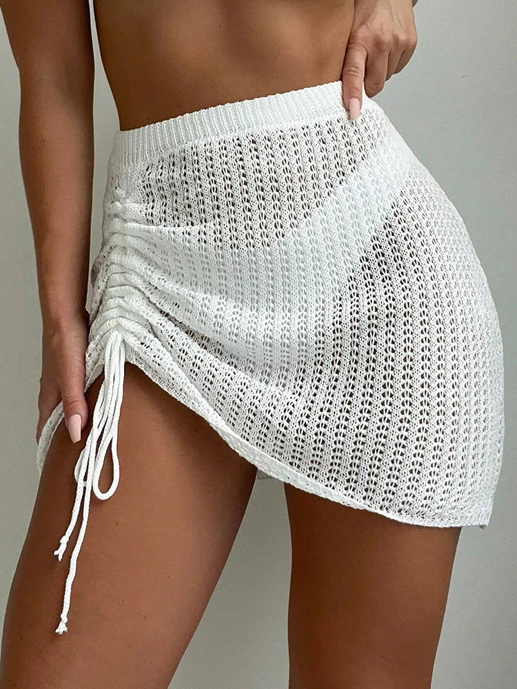 Summer Beach Fashion Elegant Short Skirt with Hollow Drawstring Bikini Mask Knitted Short Skirt for Women