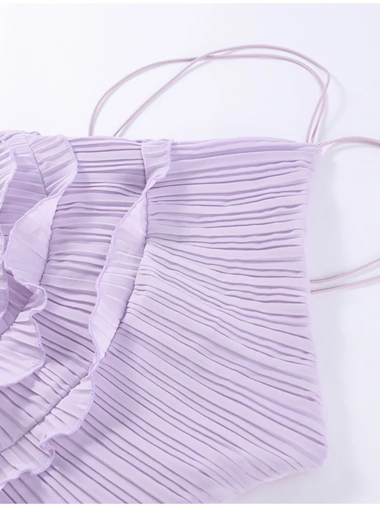 Sexy Halter Neck Pleated Ruffled Long Dress Women Pink Sleeveless Backless Lace-up Folds Slim Dresses Evening Party Gowns