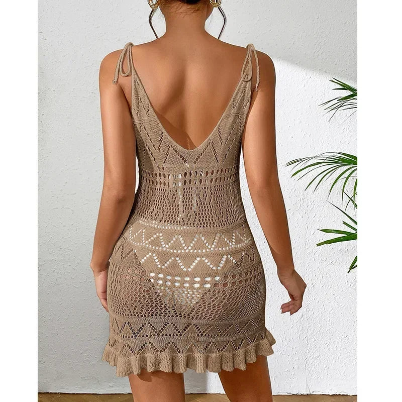 Dress Clothes Women Summer Solid Color Sleeveless Knitted Cover Up Backless  Stylish Beach Dresses