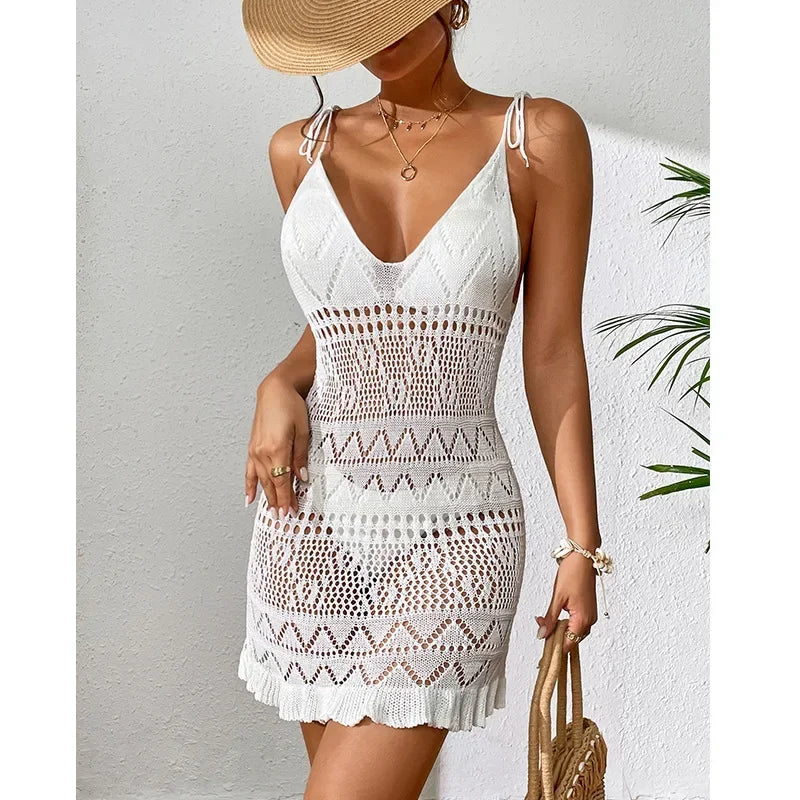 Dress Clothes Women Summer Solid Color Sleeveless Knitted Cover Up Backless  Stylish Beach Dresses