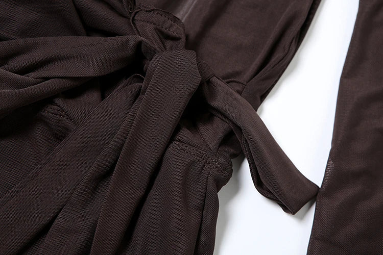 kliou Mesh Irregular Women Mini Dress Sexy See Through Chic Long Sleeve Deep Low Neck Bandage Slim Vestidos Mujer Coquette Frock