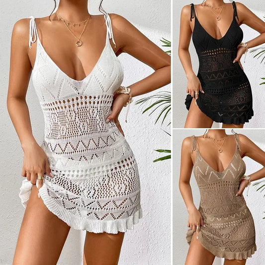 Dress Clothes Women Summer Solid Color Sleeveless Knitted Cover Up Backless  Stylish Beach Dresses