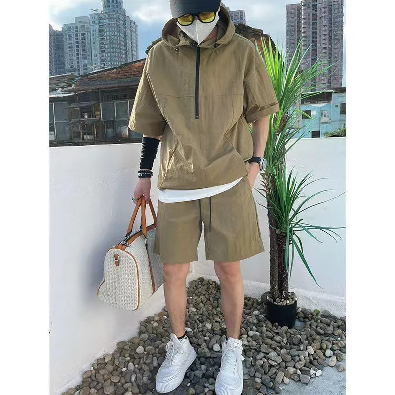 Summer Cargo Style Set Men's Casual Hooded Solid Short Sleeve T-shirt Shorts Loose Fashion High Quality Handsome Sweatshirt Suit