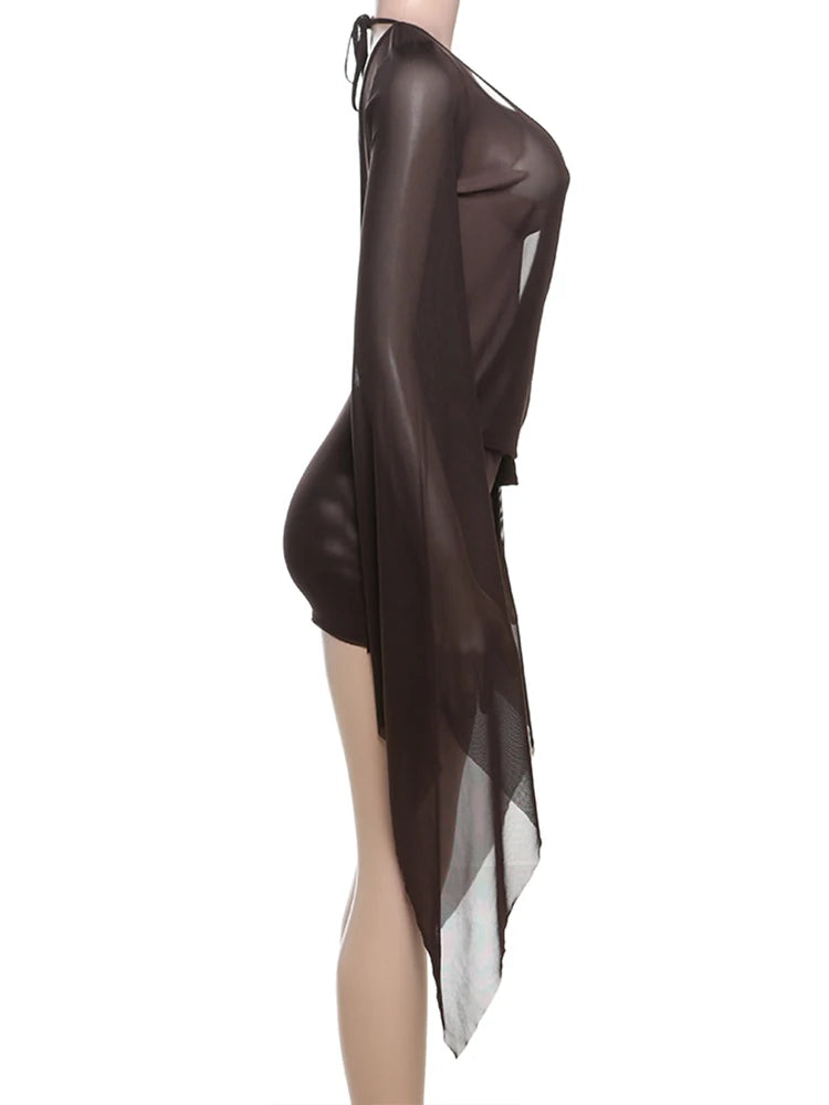 kliou Mesh Irregular Women Mini Dress Sexy See Through Chic Long Sleeve Deep Low Neck Bandage Slim Vestidos Mujer Coquette Frock