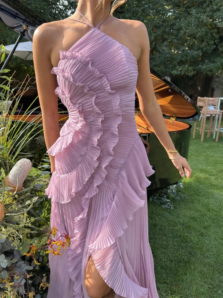 Sexy Halter Neck Pleated Ruffled Long Dress Women Pink Sleeveless Backless Lace-up Folds Slim Dresses Evening Party Gowns