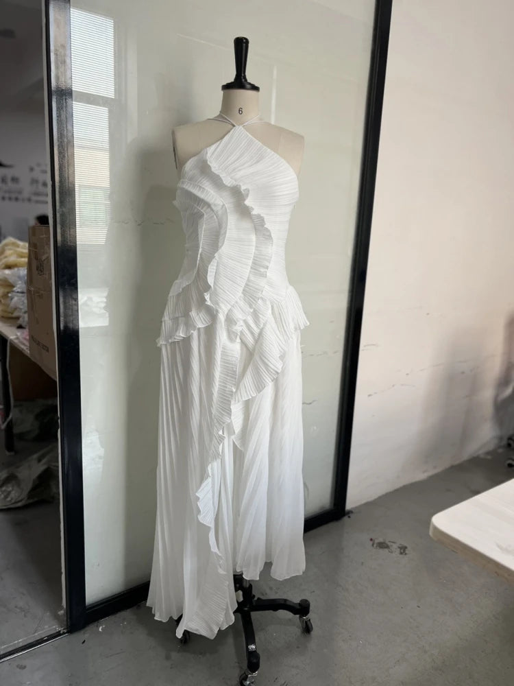 Sexy Halter Neck Pleated Ruffled Long Dress Women Pink Sleeveless Backless Lace-up Folds Slim Dresses Evening Party Gowns