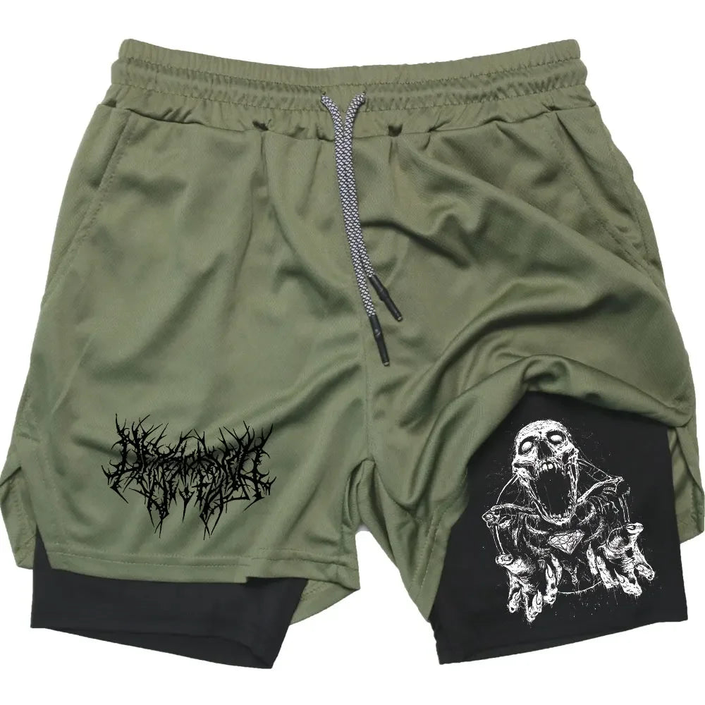Y2K Skull Print Workout Shorts for Men – Quick-Drying, Double-Layer Fitness & Bodybuilding Gear