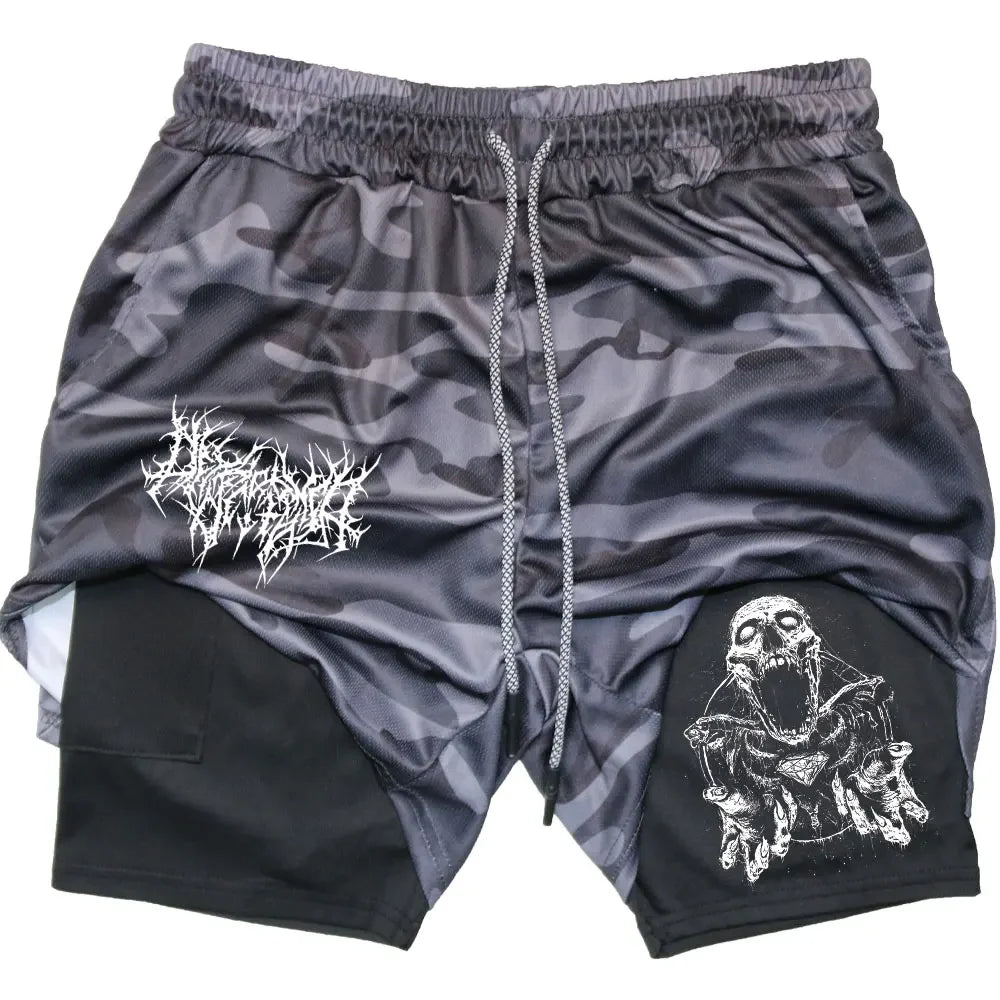 Y2K Skull Print Workout Shorts for Men – Quick-Drying, Double-Layer Fitness & Bodybuilding Gear