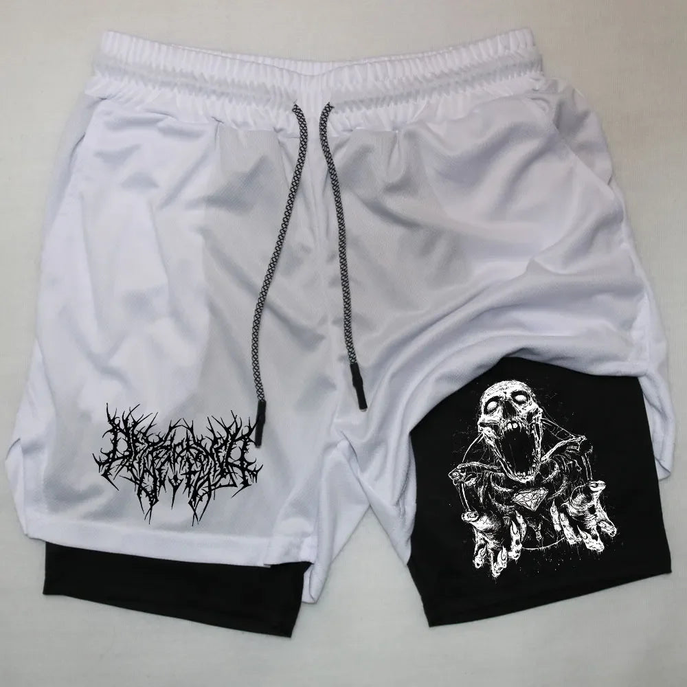 Y2K Skull Print Workout Shorts for Men – Quick-Drying, Double-Layer Fitness & Bodybuilding Gear