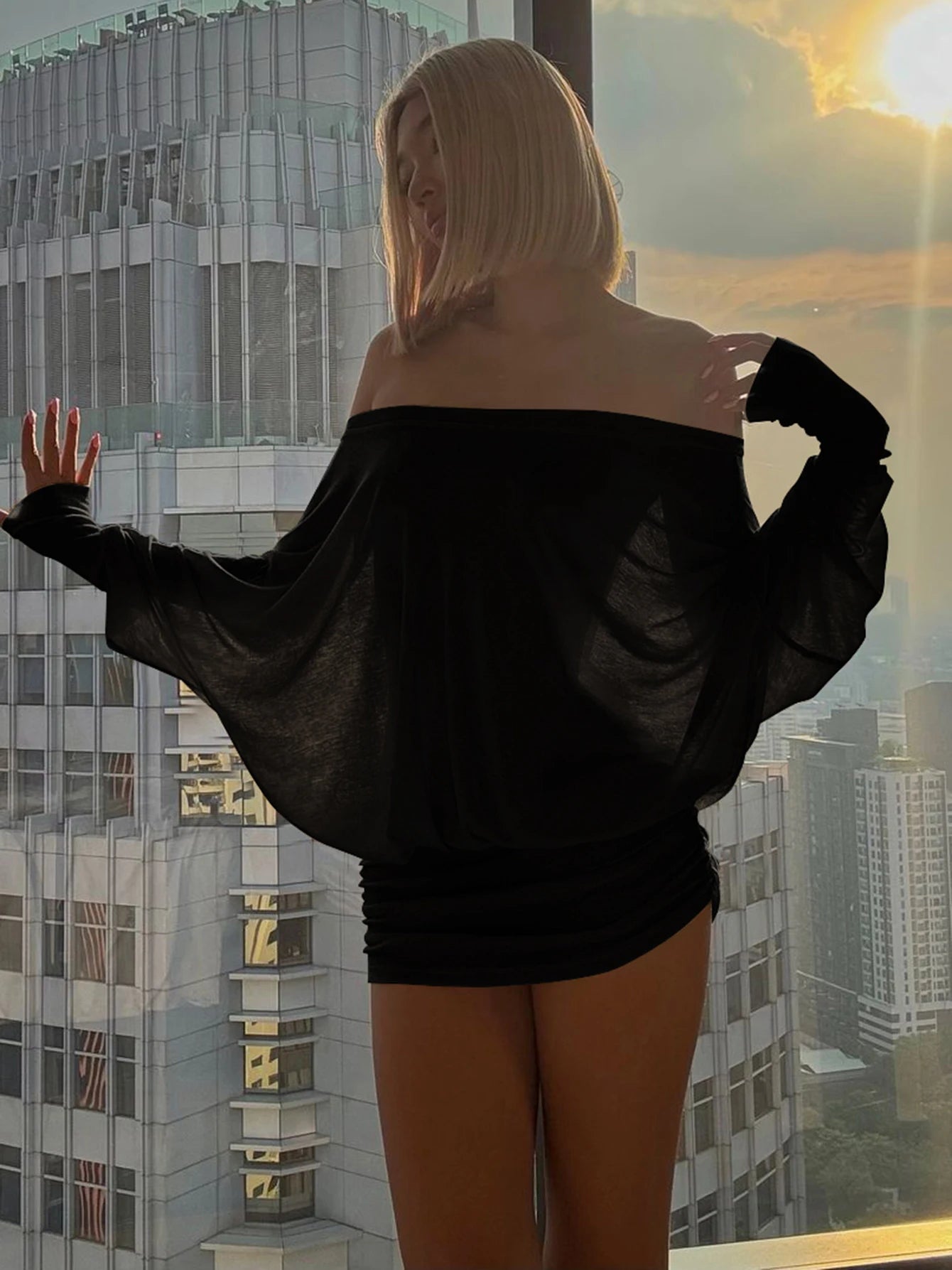 Dulzura Off Shoulder Long Sleeves Ruched Patchwork Mini Dress Women’S Sexy Elegant Casual Outfit Party Clubwear Spring Summer