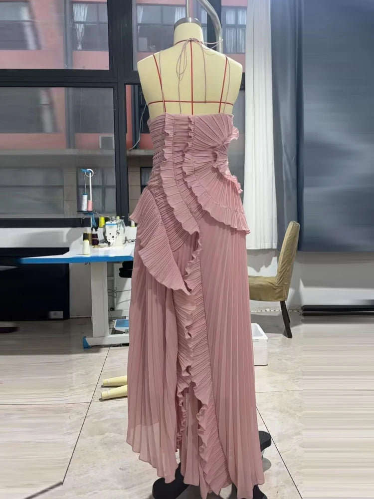 Sexy Halter Neck Pleated Ruffled Long Dress Women Pink Sleeveless Backless Lace-up Folds Slim Dresses Evening Party Gowns