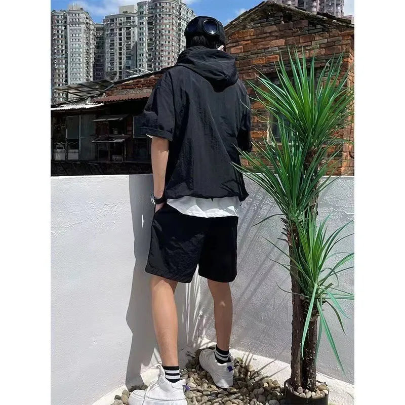 Summer Cargo Style Set Men's Casual Hooded Solid Short Sleeve T-shirt Shorts Loose Fashion High Quality Handsome Sweatshirt Suit