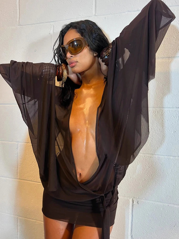 kliou Mesh Irregular Women Mini Dress Sexy See Through Chic Long Sleeve Deep Low Neck Bandage Slim Vestidos Mujer Coquette Frock