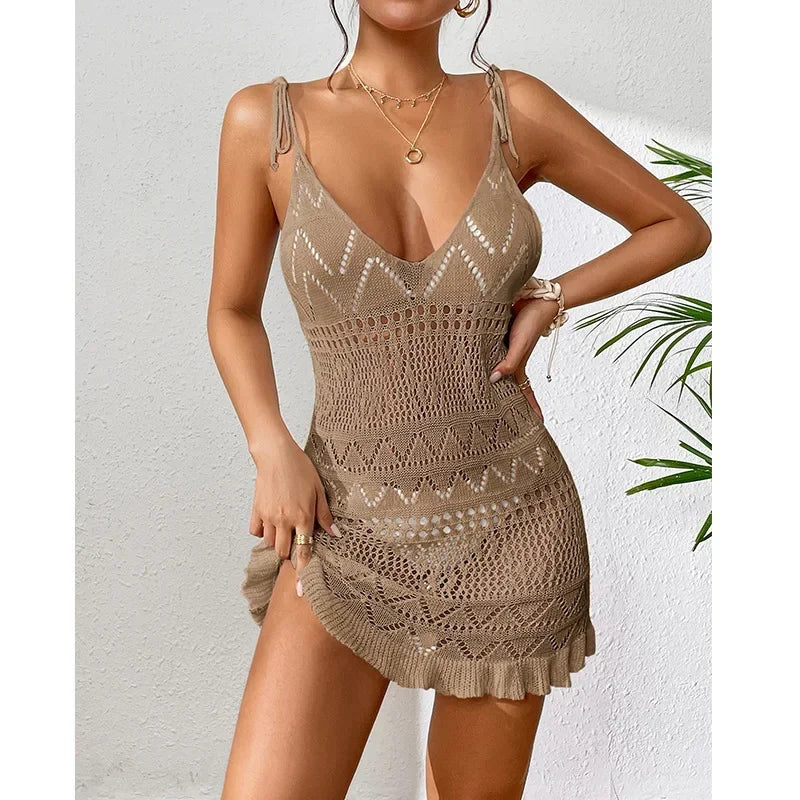 Dress Clothes Women Summer Solid Color Sleeveless Knitted Cover Up Backless  Stylish Beach Dresses