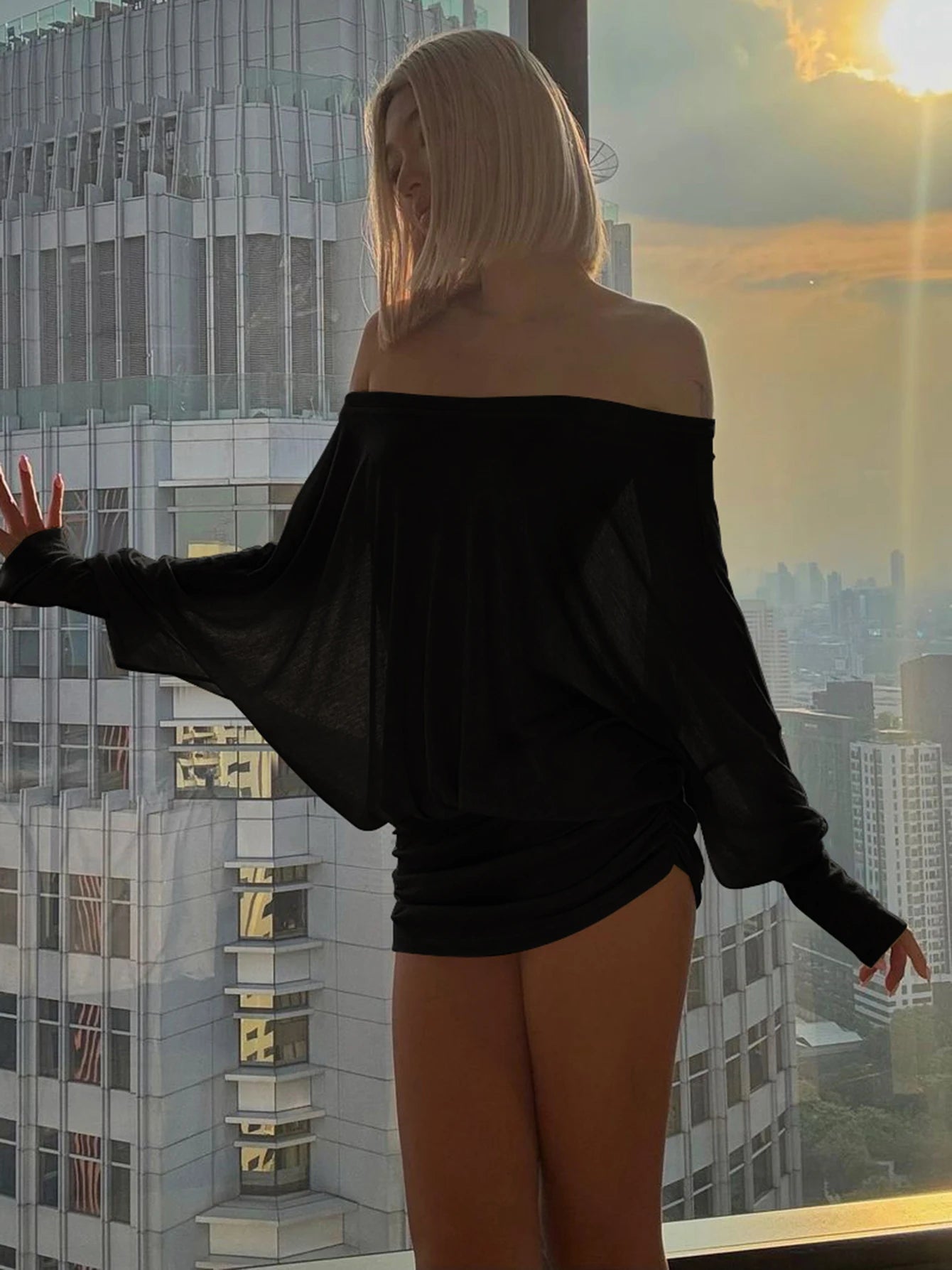 Dulzura Off Shoulder Long Sleeves Ruched Patchwork Mini Dress Women’S Sexy Elegant Casual Outfit Party Clubwear Spring Summer