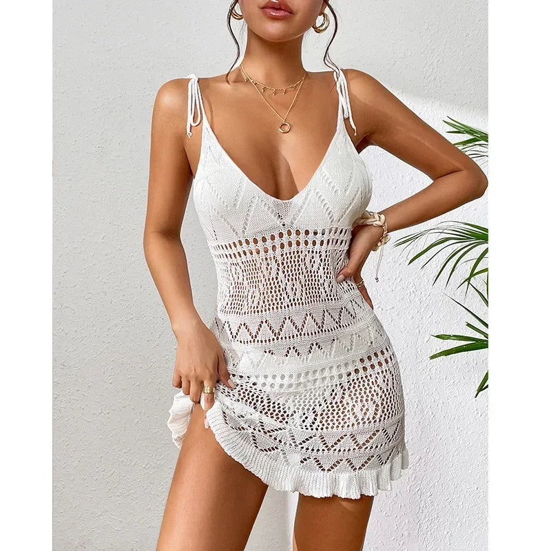 Dress Clothes Women Summer Solid Color Sleeveless Knitted Cover Up Backless  Stylish Beach Dresses