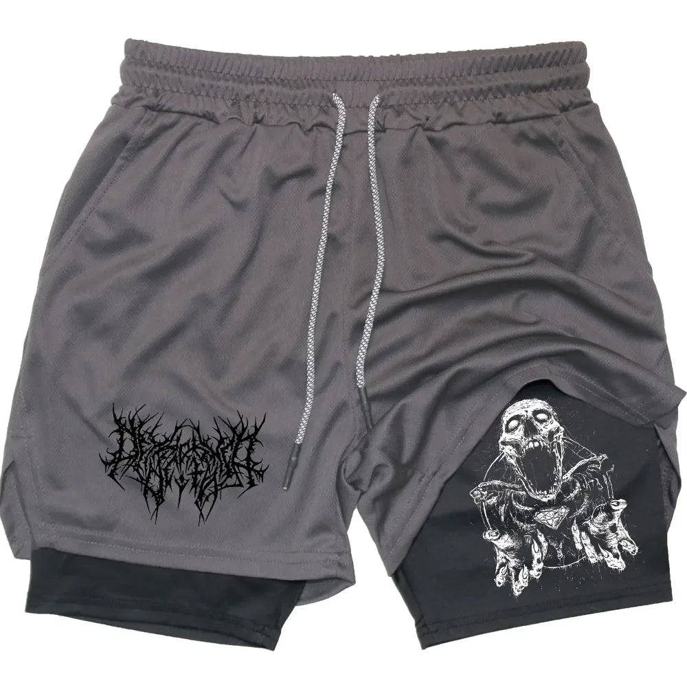 Y2K Skull Print Workout Shorts for Men – Quick-Drying, Double-Layer Fitness & Bodybuilding Gear