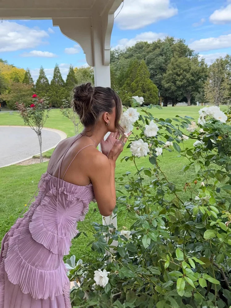 Sexy Halter Neck Pleated Ruffled Long Dress Women Pink Sleeveless Backless Lace-up Folds Slim Dresses Evening Party Gowns