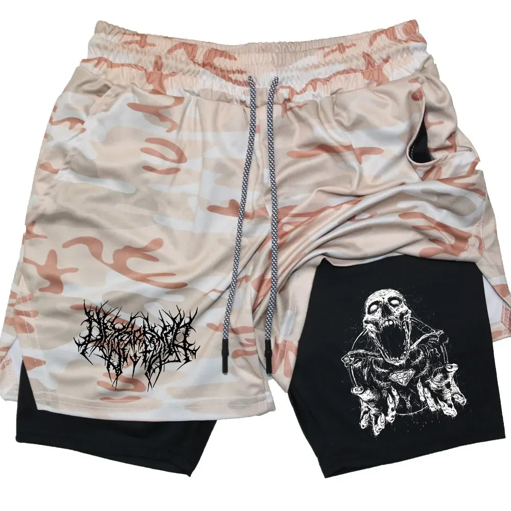 Y2K Skull Print Workout Shorts for Men – Quick-Drying, Double-Layer Fitness & Bodybuilding Gear