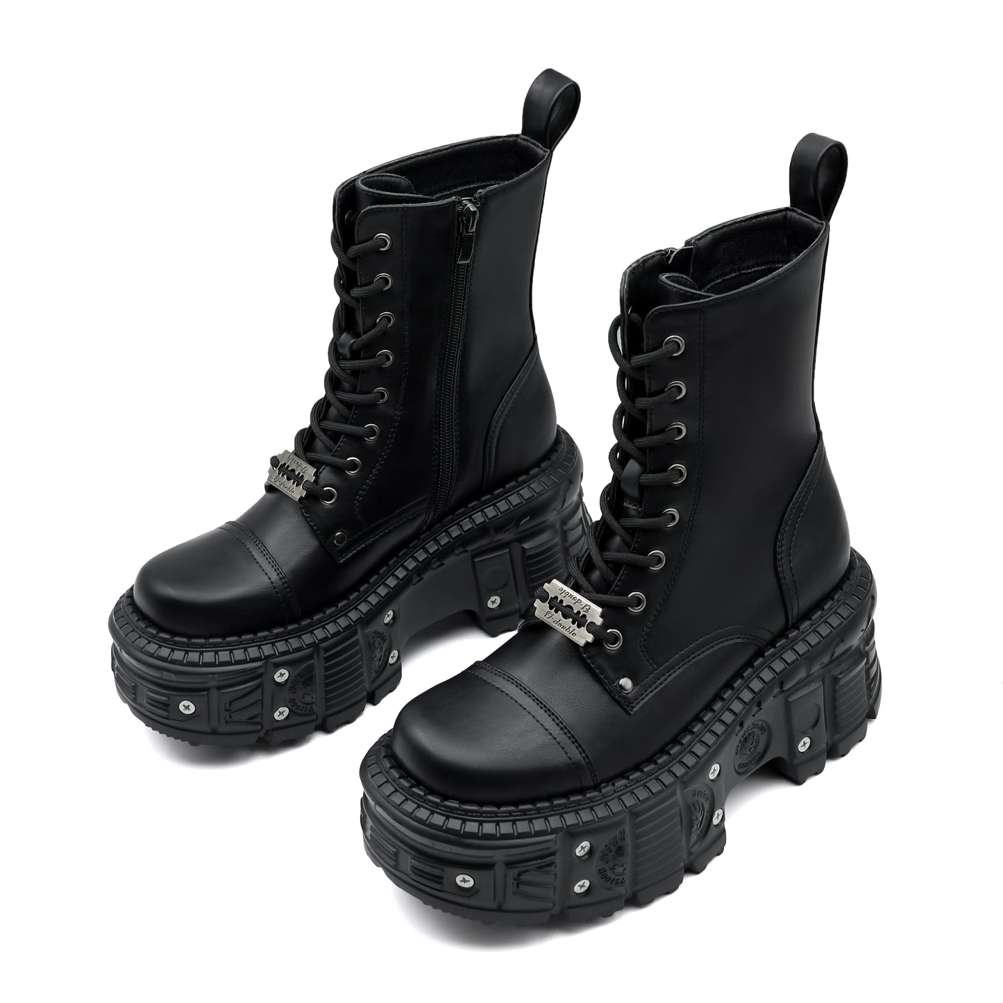 New Punk Women Platform Ankle Boots Female's Rock Round Toe Lace Up Fashion Retro Chunky Shoes Metal Decor Short Boots