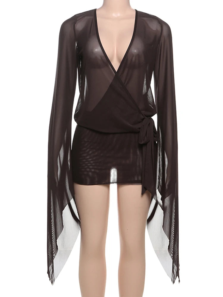 kliou Mesh Irregular Women Mini Dress Sexy See Through Chic Long Sleeve Deep Low Neck Bandage Slim Vestidos Mujer Coquette Frock