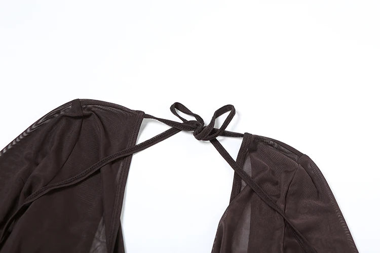 kliou Mesh Irregular Women Mini Dress Sexy See Through Chic Long Sleeve Deep Low Neck Bandage Slim Vestidos Mujer Coquette Frock