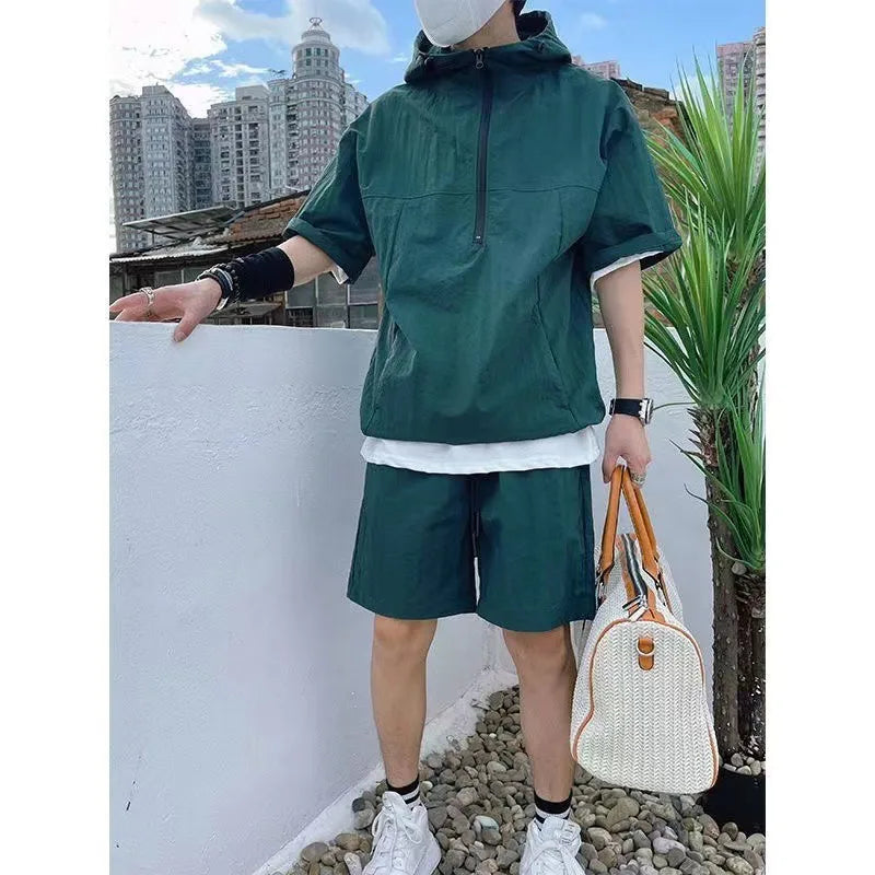 Summer Cargo Style Set Men's Casual Hooded Solid Short Sleeve T-shirt Shorts Loose Fashion High Quality Handsome Sweatshirt Suit