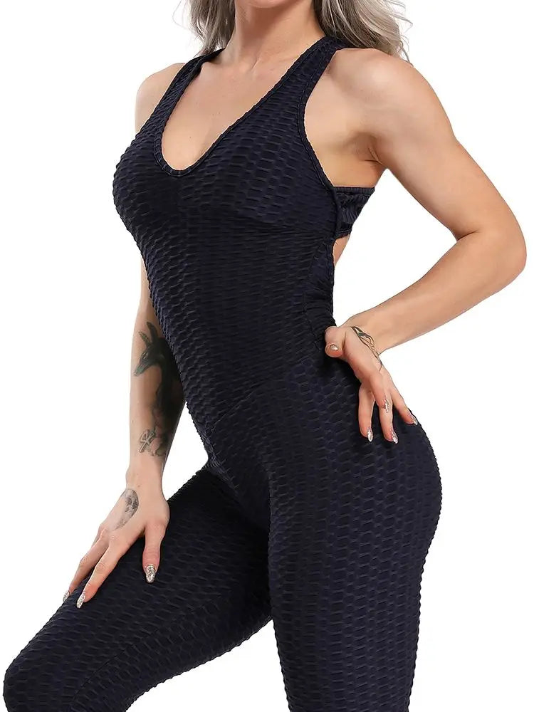 Women Jumpsuit Sleeveless Backcross Short Bodysuit Fitness Women Sport Suit Jacquard Backless Tracksuit Gym Workout Sportswear