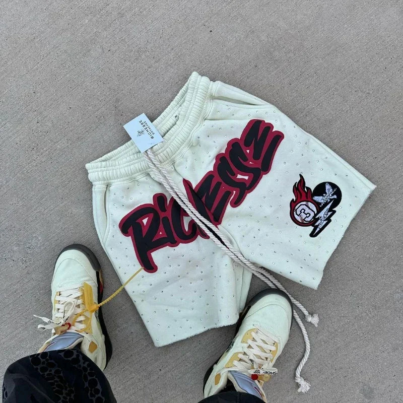 Y2K Harajuku Men's Shorts Rhinestone Letter-printed Sweatpants Fashion Quick-drying and Downhill Casual Motorcycle Shorts