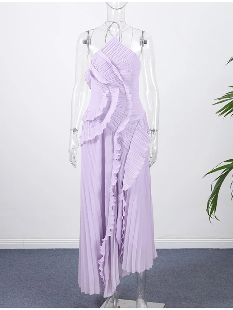 Sexy Halter Neck Pleated Ruffled Long Dress Women Pink Sleeveless Backless Lace-up Folds Slim Dresses Evening Party Gowns