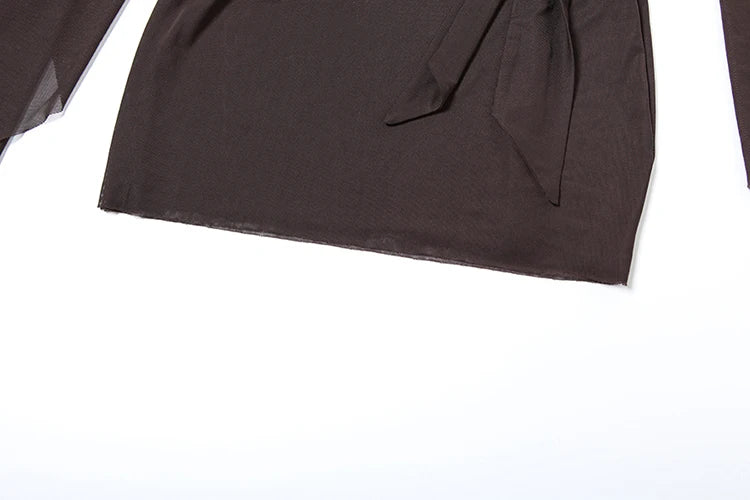 kliou Mesh Irregular Women Mini Dress Sexy See Through Chic Long Sleeve Deep Low Neck Bandage Slim Vestidos Mujer Coquette Frock