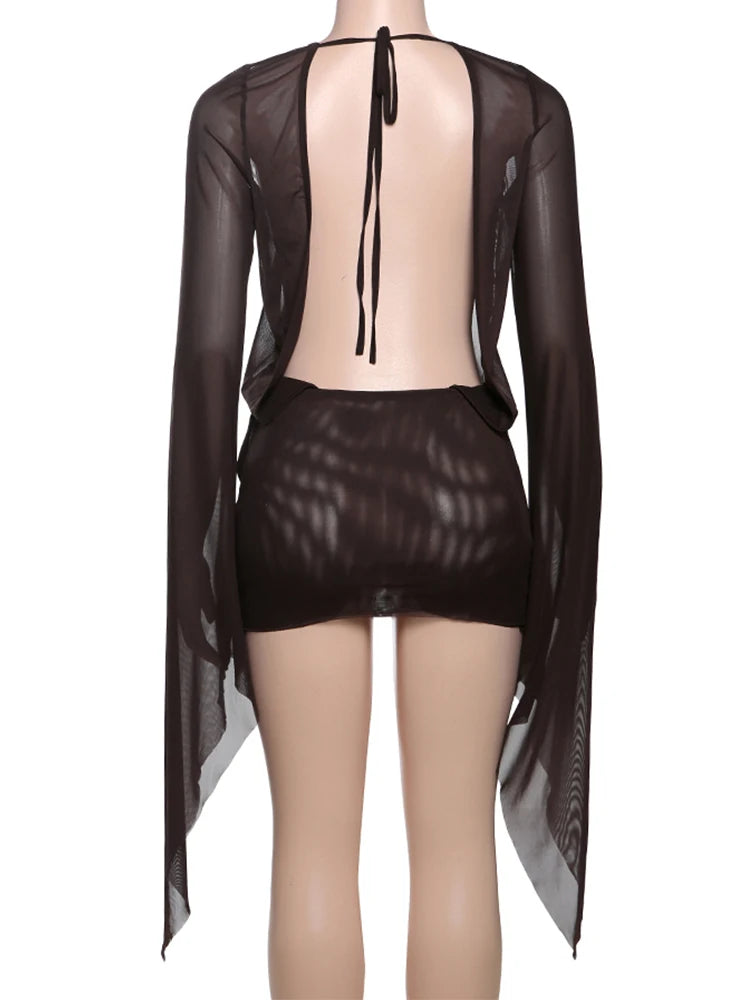 kliou Mesh Irregular Women Mini Dress Sexy See Through Chic Long Sleeve Deep Low Neck Bandage Slim Vestidos Mujer Coquette Frock
