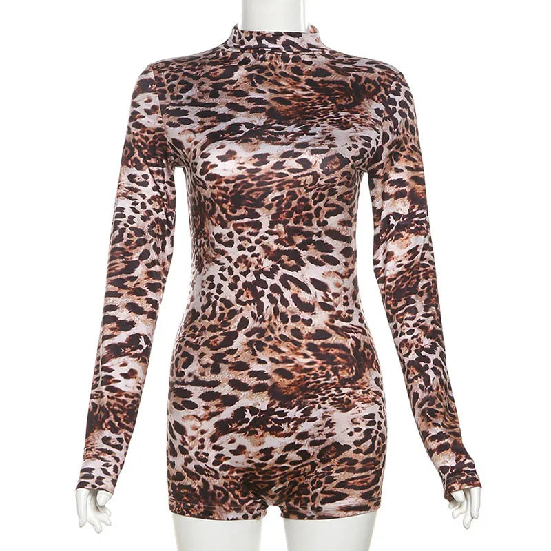 Weird Puss Leopard Print Romper Women 2024 Autumn Trend Hipster Long Sleeve O-Neck Skinny Stretch Streetwear Sexy Playsuits