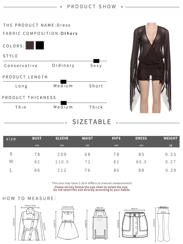 kliou Mesh Irregular Women Mini Dress Sexy See Through Chic Long Sleeve Deep Low Neck Bandage Slim Vestidos Mujer Coquette Frock