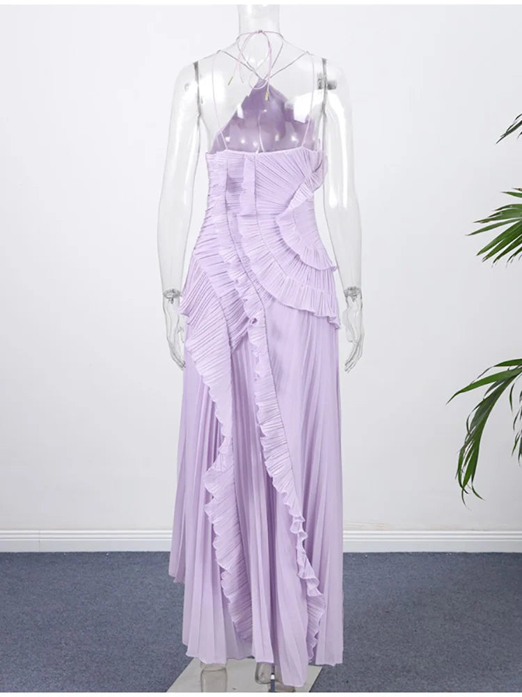 Sexy Halter Neck Pleated Ruffled Long Dress Women Pink Sleeveless Backless Lace-up Folds Slim Dresses Evening Party Gowns