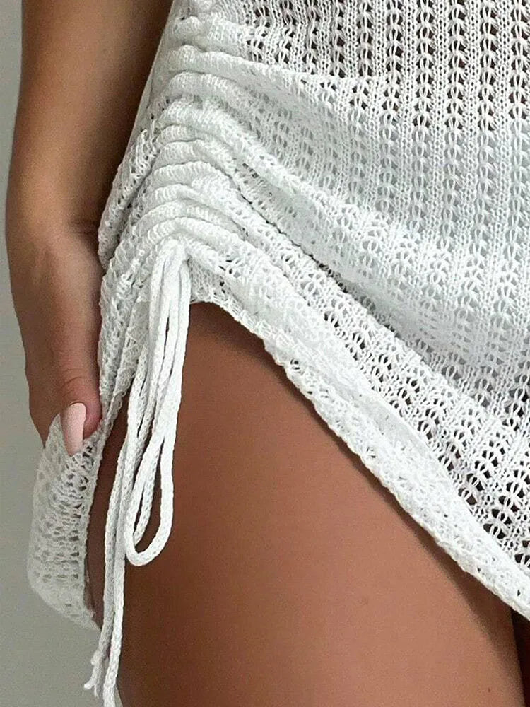 Summer Beach Fashion Elegant Short Skirt with Hollow Drawstring Bikini Mask Knitted Short Skirt for Women