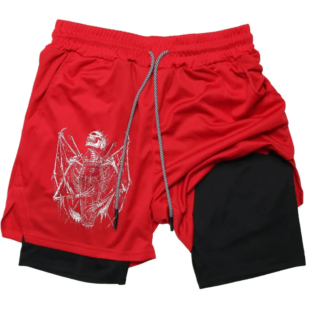 Y2K Skull Print Workout Shorts for Men – Quick-Drying, Double-Layer Fitness & Bodybuilding Gear