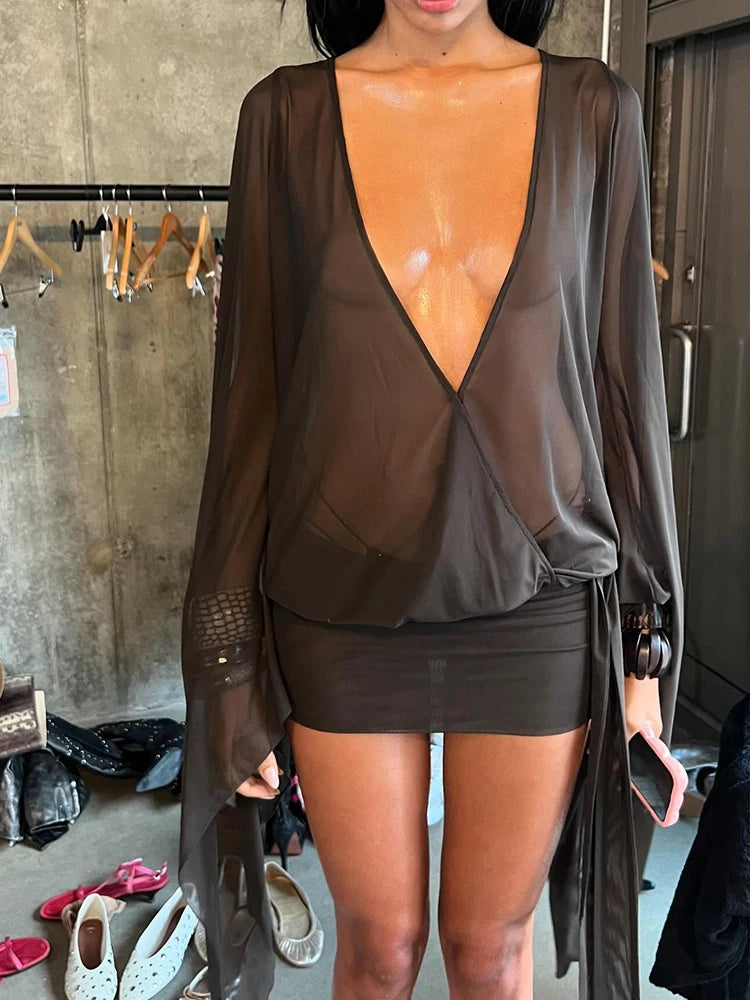 kliou Mesh Irregular Women Mini Dress Sexy See Through Chic Long Sleeve Deep Low Neck Bandage Slim Vestidos Mujer Coquette Frock