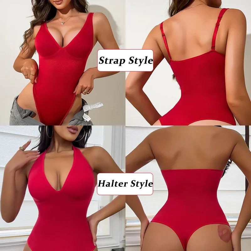 Halter Bodysuit Deep V Camisole Adjustable Strap Shapewear Top Tummy Control Women Sexy Thong Body Shaper Seamless Fajas 2025