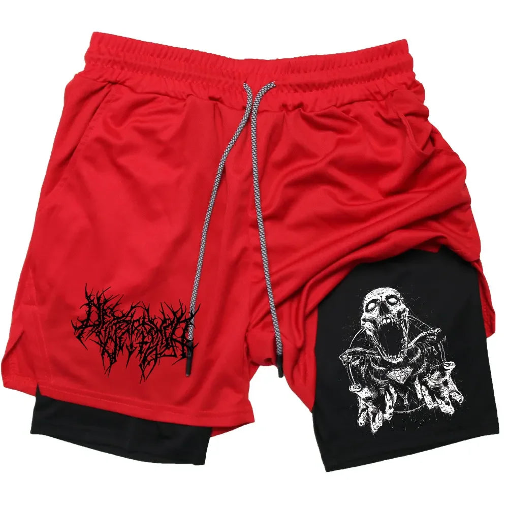 Y2K Skull Print Workout Shorts for Men – Quick-Drying, Double-Layer Fitness & Bodybuilding Gear