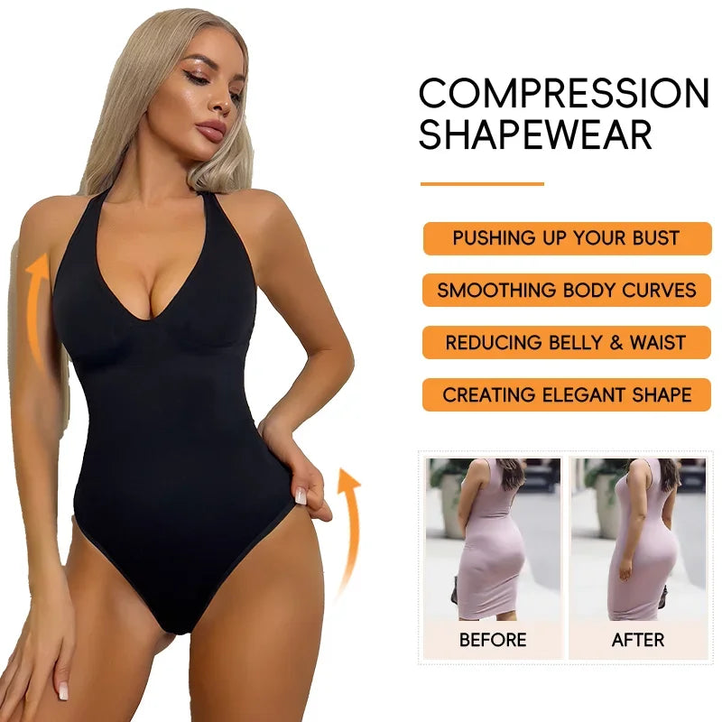 Halter Bodysuit Deep V Camisole Adjustable Strap Shapewear Top Tummy Control Women Sexy Thong Body Shaper Seamless Fajas 2025