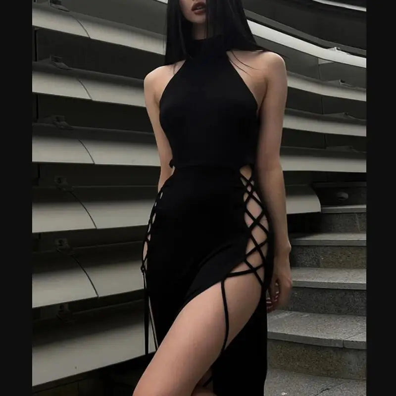 Women Summer Sexy High Split Bandage Dresses Goth Slim Sleeeveless Halter Long Dress Y2K Style spicy girl Party Club Midi skirt