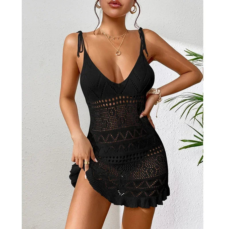 Dress Clothes Women Summer Solid Color Sleeveless Knitted Cover Up Backless  Stylish Beach Dresses